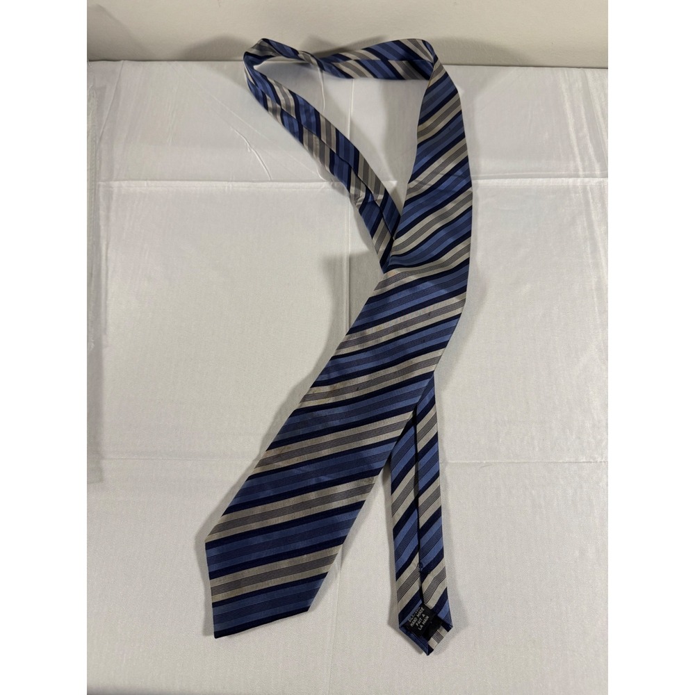 John Weitz Mens Blue Silver Striped Silk Handmade Necktie Tie